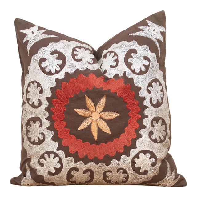 16" Sq Embroidered Palmette Suzani Pillow Cover For Sale