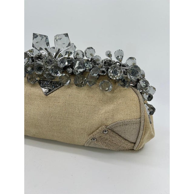 Cream Prada Mistolino Natural Canvas Crystal Beaded Top Pochette For Sale - Image 8 of 11