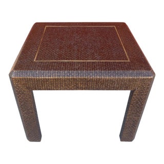 Mid 20th Century Harrison Van Horn Style Brown Lacquered Raffia Side Table with Brass Inlay For Sale