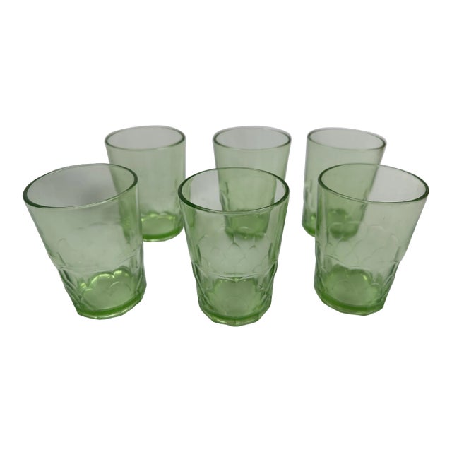 Early 20th Century Hazel Atlas Green Depression Glass Juice Glasses- Set of 6 For Sale
