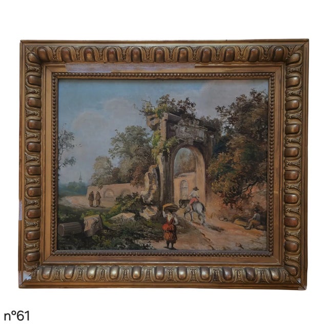 Oil on canvas depicting a landscape with an architectural archway and surrounding vegetation. A rider on horseback passes...