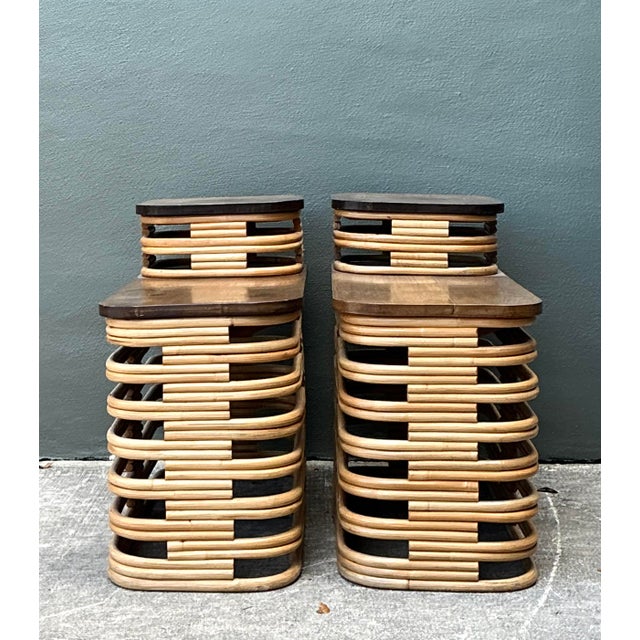 Mid 20th Century Vintage Stacked Rattan Side Tables After Frankl - A Pair For Sale - Image 5 of 12