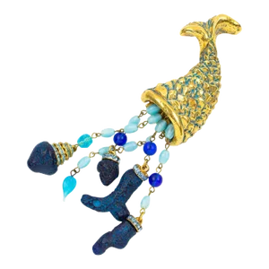 Kalinger Gilded Resin Pin Brooch Horn of Plenty with Blue Jeweled Charms