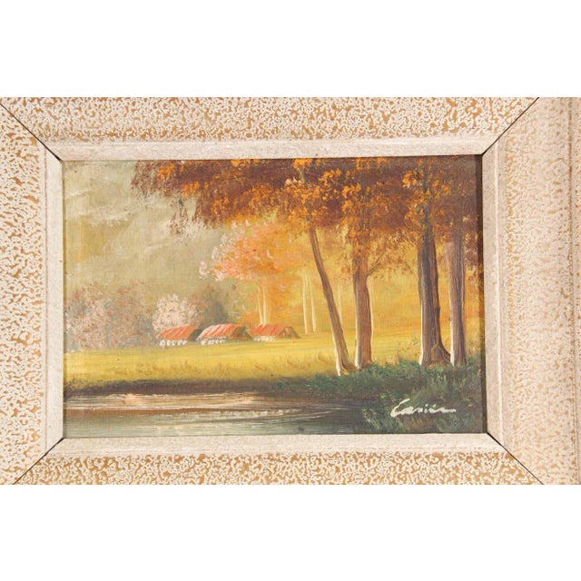 Antique French provincial oil Painting. Scene of the country side with 2 small houses near a river in a forest. South of...