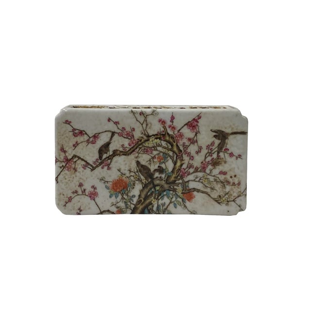 2000 - 2009 Chinese Off White Porcelain Pink Flower Rectangular Display Paperweight For Sale - Image 5 of 5