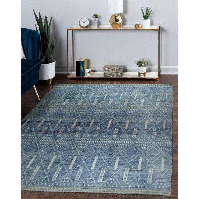 Textile New Modern Contemporary Light Blue Hand-Knotted Wool Pile Geometric Tribal Moroccan Berber Diamond Design Room Size 9x12 Rug Carpet For Sale - Image 7 of 7