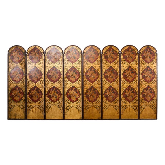 Spanish Colonial Baroque Style Painted Leather Eight Panel Screen For Sale