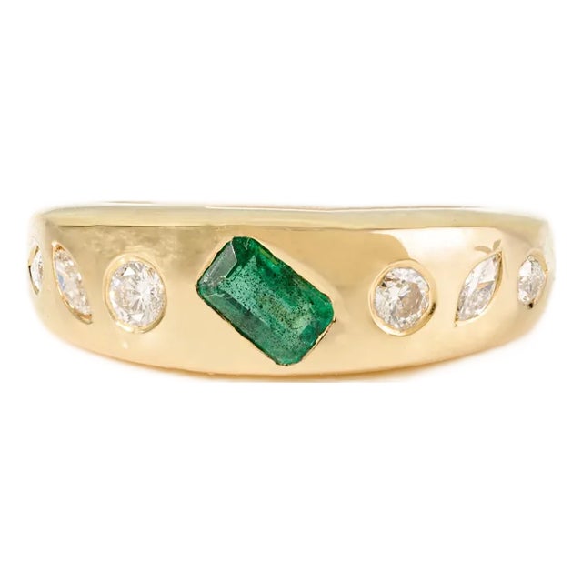 Artistic Style Chunky Emerald & Diamond 18k Gold Statement Ring Size 5 For Sale
