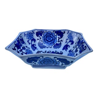 Late 20th Century Floral Blue & White Bowl 8 Sided Bowl For Sale