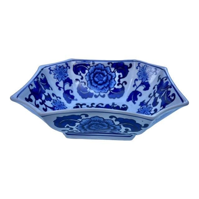 Late 20th Century Floral Blue & White Bowl 8 Sided Bowl For Sale