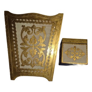 Mid 20th Century Matching Italian Florentine Carved Wood Wastebasket and a Small Tissue Box Fd For Sale