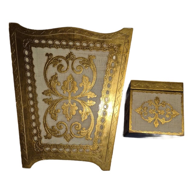 Mid 20th Century Matching Italian Florentine Carved Wood Wastebasket and a Small Tissue Box Fd For Sale