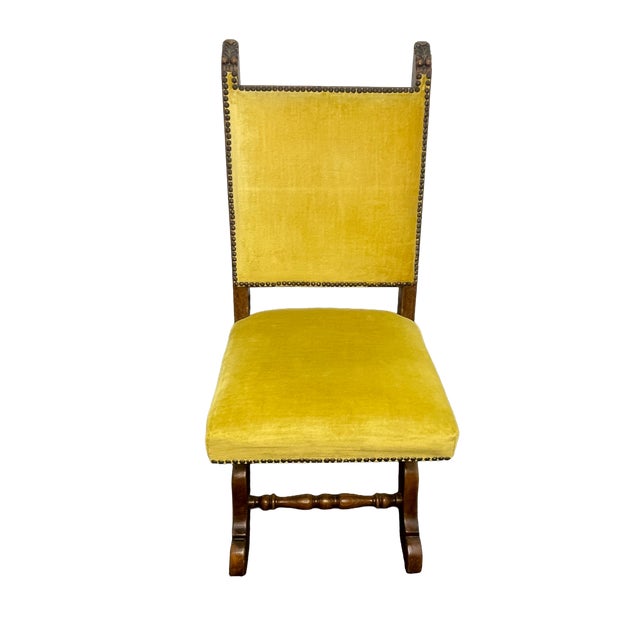 Set of 6 Spanish Revival Mahogany Dining Chairs With Yellow Velvet Upholstery, 1970s For Sale - Image 11 of 17