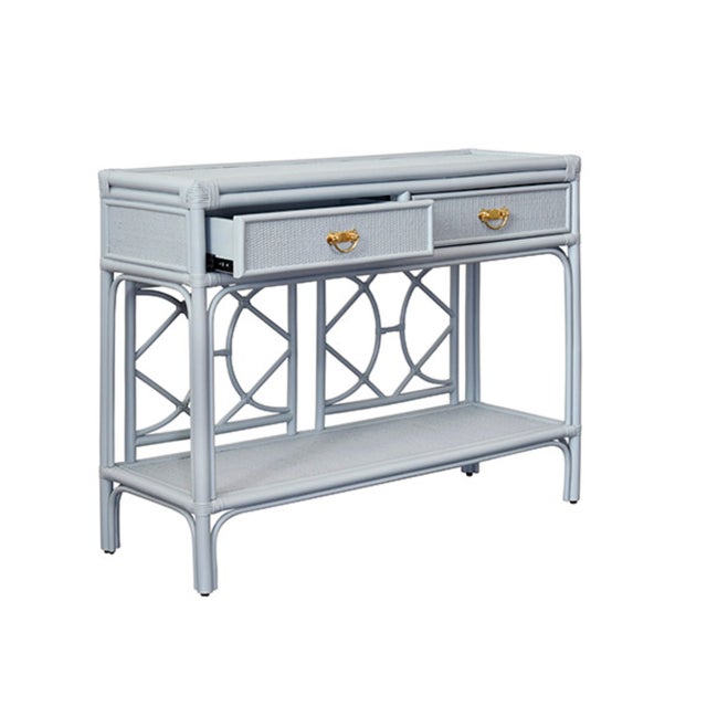 Worlds Away Matthew Izzo Home Gideon Light Blue Painted Rattan Two Drawer Console With Decorative Back and Polished Brass Hardware For Sale - Image 4 of 10