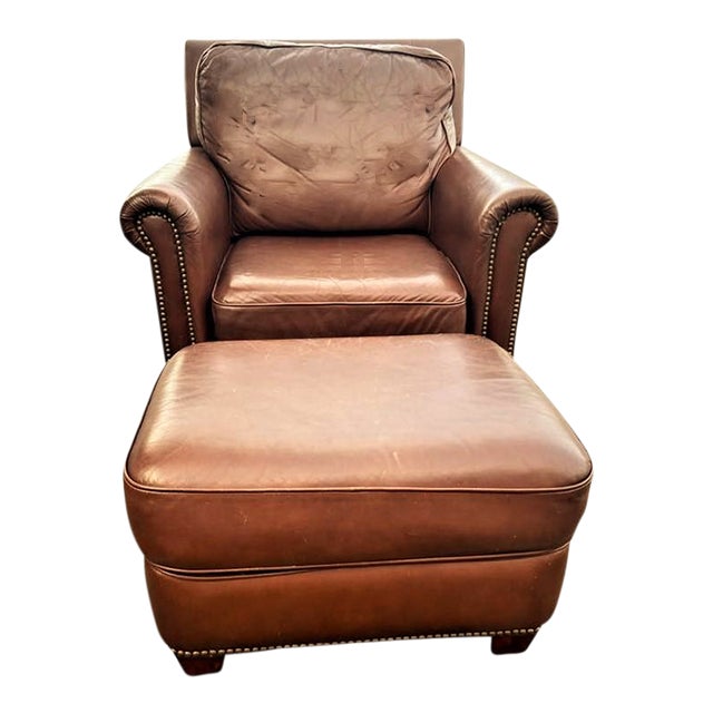 Early 21st Century Drexel Heritage Leather Chair and Ottoman Set Chairish