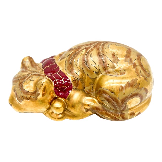 Vintage Gold Porcelain Sleeping Cat Figurine | Mid-Century Decorative Ceramic For Sale