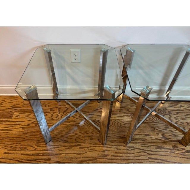1970s Pair of Vintage MCM Chrome & Glass X - Base End Tables For Sale - Image 5 of 8