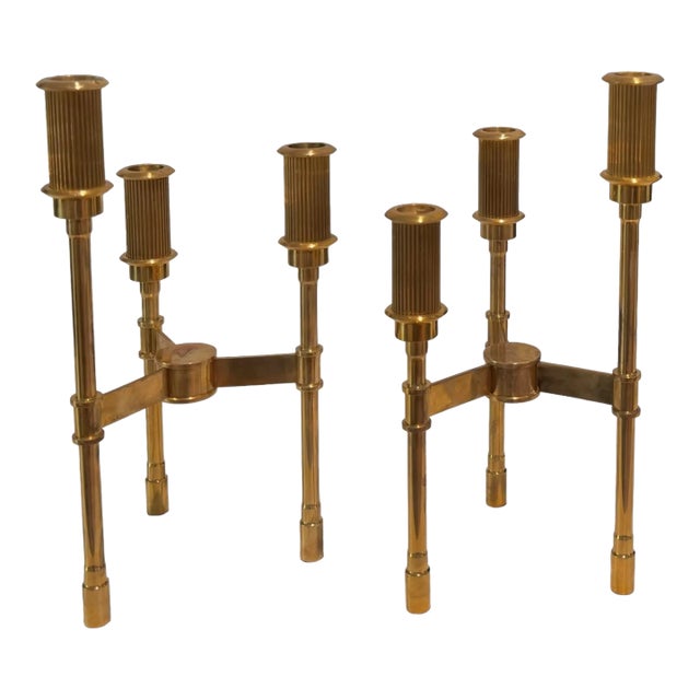 Pair of Vintage French Neoclassical Style Gilt Brass Candelabras For Sale