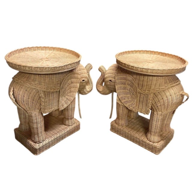 Pair of Vintage Woven Wicker Elephant Side Tables For Sale - Image 4 of 12