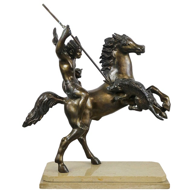 Tommaso Campajola, Indian Warrior on Horseback with Lancia and Fair, 1920s, Bronze & Marble For Sale