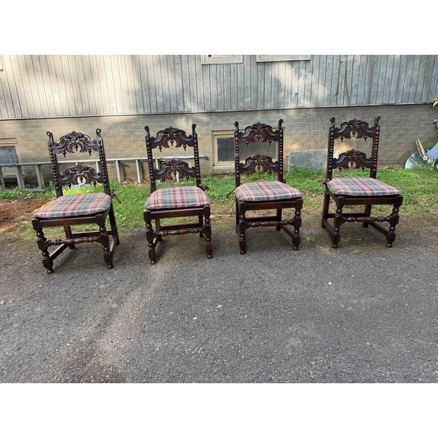 Set of 6 Antique Renaissance Gothic style oak carved dining chairs Solid wood frame, well carved, with arched cresting...