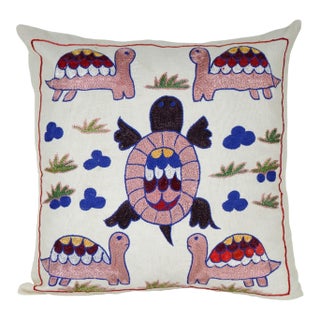 Hand Embroidered Turtle Suzani Pillow Cover, Uzbek Cotton Cushion (18''x18'') For Sale