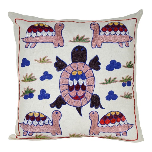 Hand Embroidered Turtle Suzani Pillow Cover, Uzbek Cotton Cushion (18''x18'') For Sale
