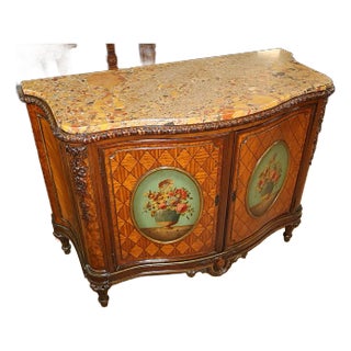 1920's Marble Top Paint Decorated Walnut French Louis XVI Style Dresser Commode For Sale
