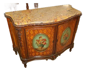 1920's Marble Top Paint Decorated Walnut French Louis XVI Style Dresser Commode