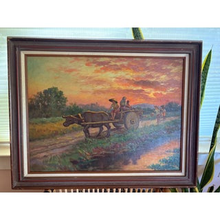 Midcentury Southeast Asian Oil Painting – Carabao Cart at Sunset “Homeward Bound” Signed by Listed Filipino Artist Jose Tinsay For Sale
