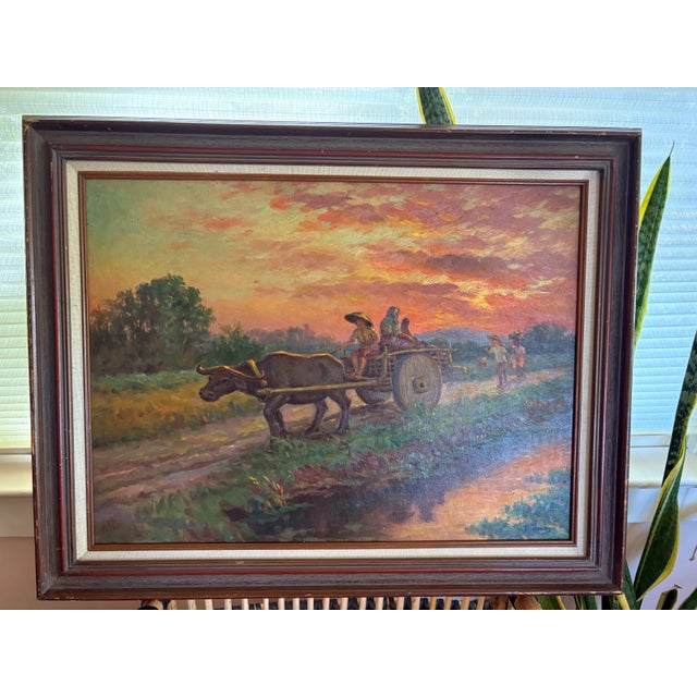 Midcentury Southeast Asian Oil Painting – Carabao Cart at Sunset “Homeward Bound” Signed by Listed Filipino Artist Jose Tinsay For Sale