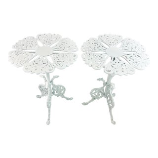 1970s Vintage Chippendale Hollywood Regency Cast Iron Patio Outdoor Side Tables - A Pair, Newly Painted For Sale