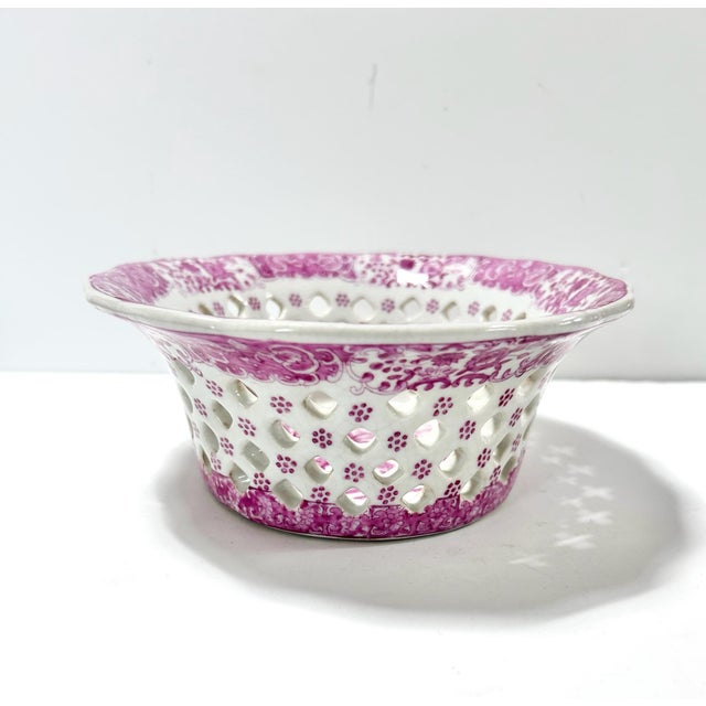 Pink Vintage Pink Chinoiserie Reticulated Porcelain Centerpiece Bowl / Decorative Fruit Bowl For Sale - Image 8 of 10