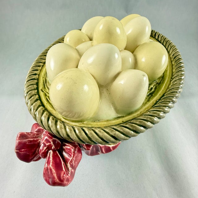 Late 19th Century French Majolica Choisy Le Roi Egg Basket & Bows Lidded Tureen For Sale - Image 5 of 18