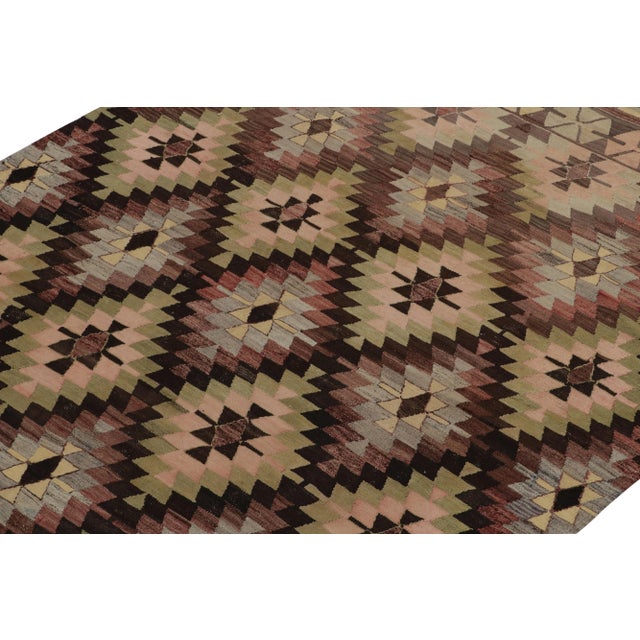 Rug & Kilim 1950s Vintage Tribal Kilim Rug in Light Washed Bordeaux, Green Geometric Pattern For Sale - Image 4 of 7