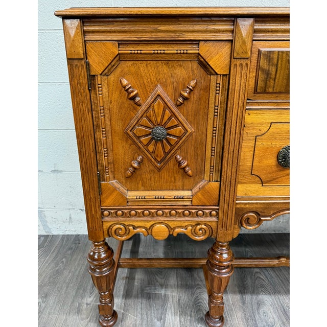 Vintage American Jacobean Tudor Revival Walnut Buffet Sideboard Server For Sale - Image 4 of 16