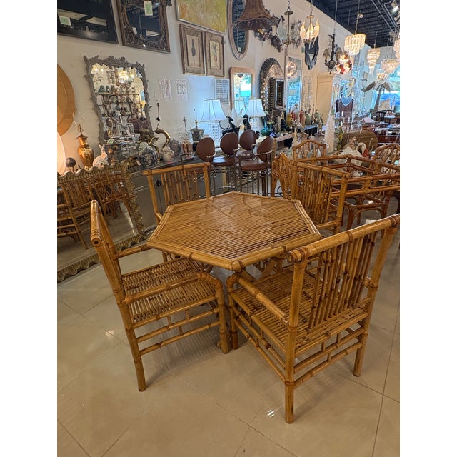 Brown Vintage Bamboo Rattan Reed Dining Game Table & 4 Dining Arm Chairs For Sale - Image 8 of 12
