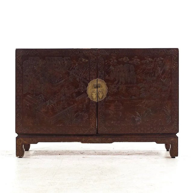 Mario Buatta for John Widdicomb Mid Century Chinoiserie Credenza This credenza measures: 48 wide x 17 deep x 32.5 inches...