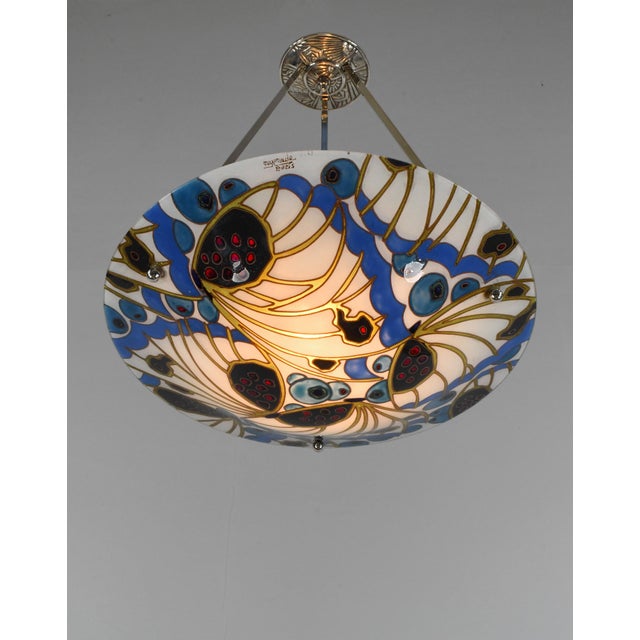 1930s French Art Deco Pendant Light by Maxonade 1930s - Butterfly Motif Enamelled Bowl For Sale - Image 5 of 13