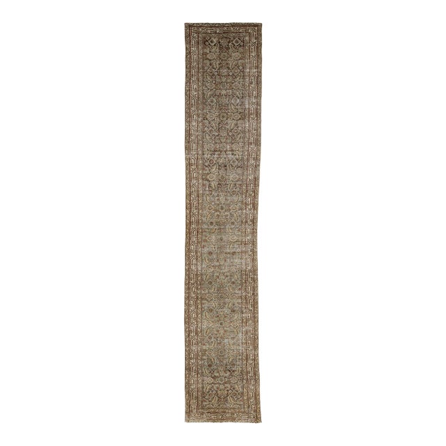 19th-Century Antique Malayer Wool Runner Rug With Muted Sage & Earth Tone Patina For Sale