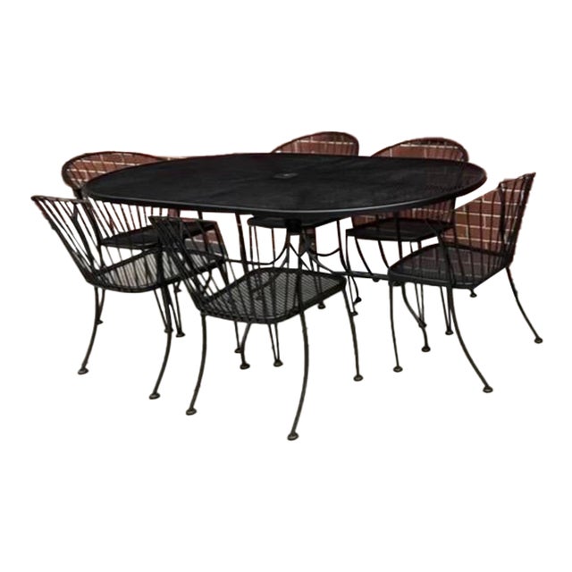 1990s Woodard Pinecrest Attributed Outdoor Wrought Iron Dining Set 7 Pieces For Sale