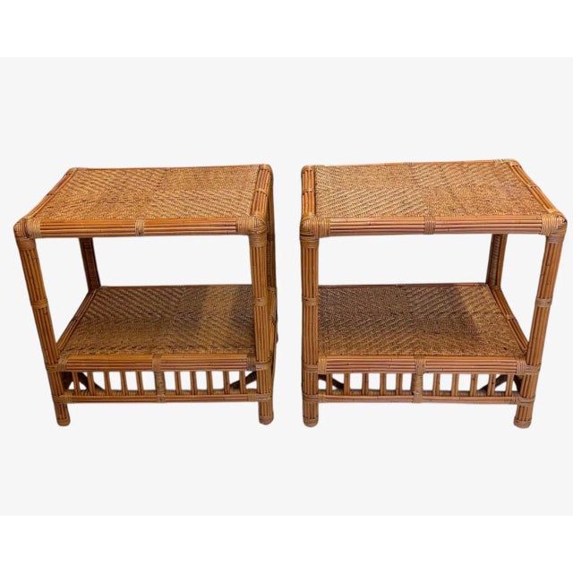 Asian Pair of Tiki Side Tables. Pencil Reed and Cane For Sale - Image 3 of 12