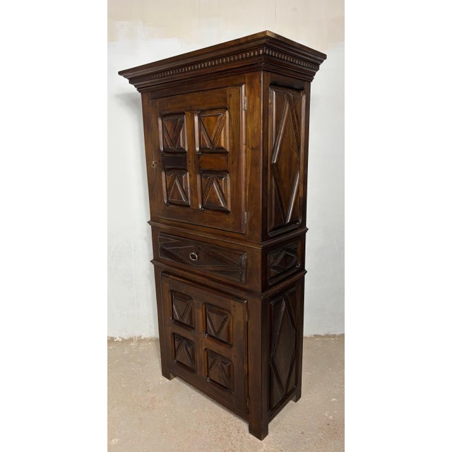 Gothic Early 20th Century Spanish Renaissance Style Walnut Cabinet with Geometric Carve For Sale - Image 3 of 14