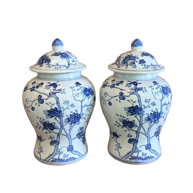 Blue Chinoiserie Blue & White Cherry Blossom Ginger Jars - A Pair For Sale - Image 8 of 8