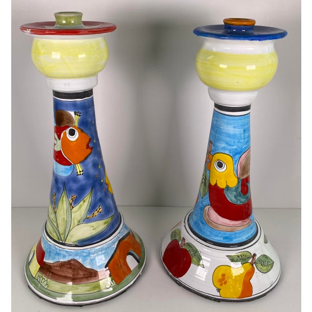 Pair Italian Hand-Painted Ceramic Candlesticks by Nino Parrucca, Whimsical For Sale In Miami - Image 6 of 13