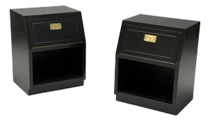 Henredon, Mid-Century Modern, Black Lacquer, Brass, Campaign Nightstands, 1960s