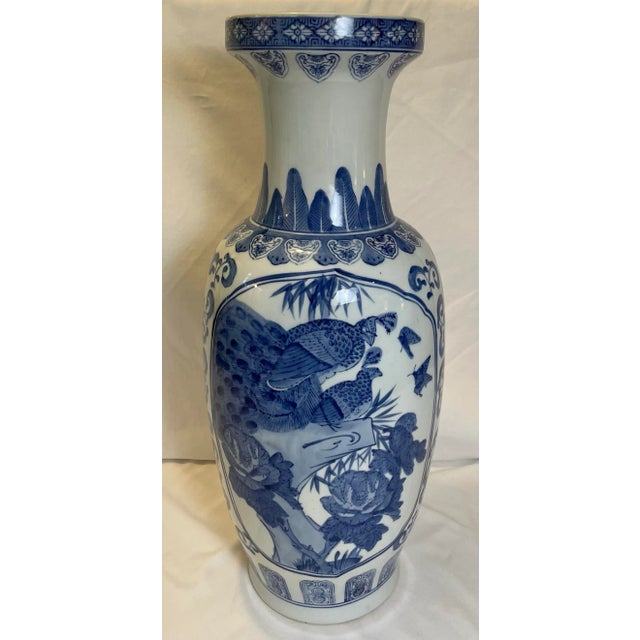Tall Blue and White Urn With Pheasant Mother and Baby For Sale - Image 4 of 6