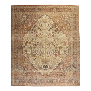 Antique Zabihi Collection Persian Tabriz Worn Rooster Motif Rug - 10'2" x 13'7" For Sale