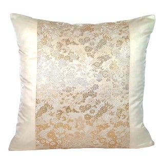 Frolicking Foo Dogs Japanese Silk Obi Square Pillow Cover For Sale