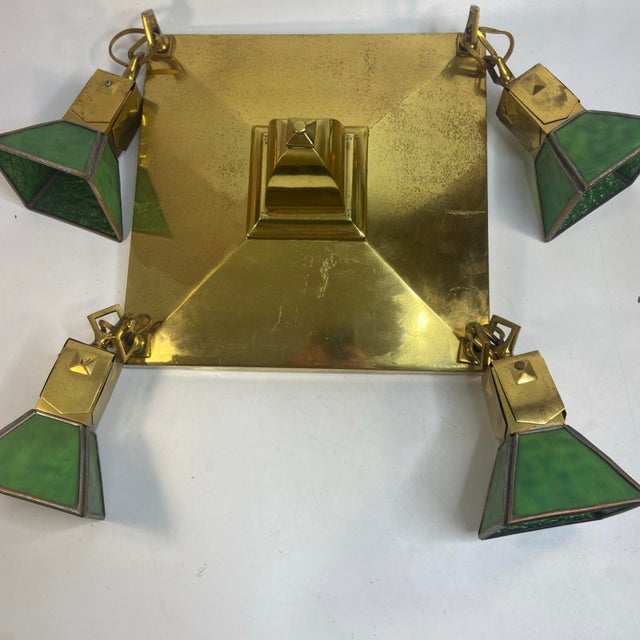 Arts & Crafts Antique Tungstolier 4 Light Brass Chandelier Mission Arts Craft Green Slag Glass For Sale - Image 3 of 11